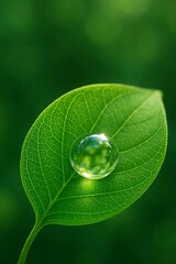 Close up of a single dewdrop on a vibrant green leaf