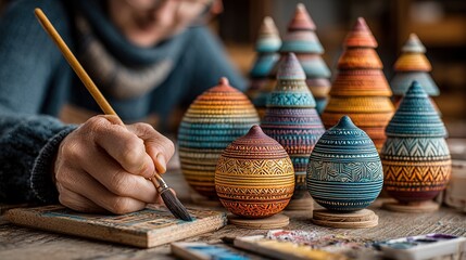 New Year Home Decoration: Hand-Painted Christmas Tree Toy. Artistic Creation and Handmade Craftsmanship.