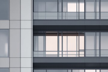 Fototapeta premium Modern building facade with reflective glass windows and metallic panels.