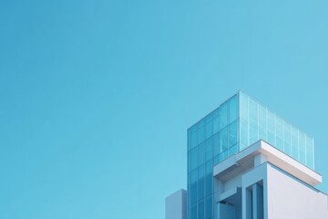 Obraz premium Modern glass building facade against a clear blue sky.