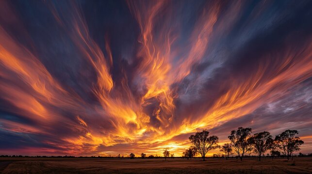 Dramatic fiery sunset paints the sky with vibrant orange and purple hues over a silhouetted landscape - Powered by Adobe