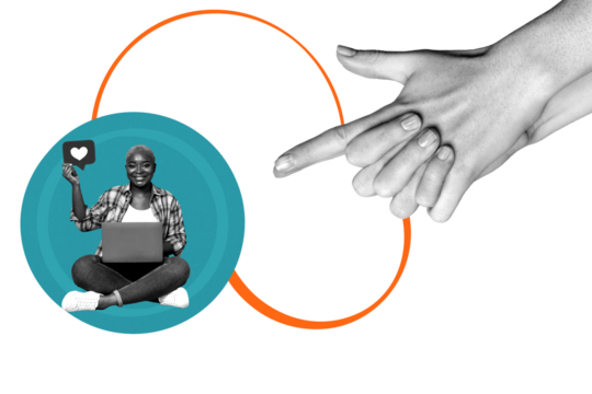 Composite art 3d creative image collage of happy american girl hold laptop like icon notification blogging handgun threat cyberbully