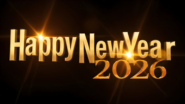Golden Happy New Year 2026 3 D text with light flares image