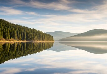 Fototapeta premium Serene mountain lake reflecting woodland with a sky embracing serenity