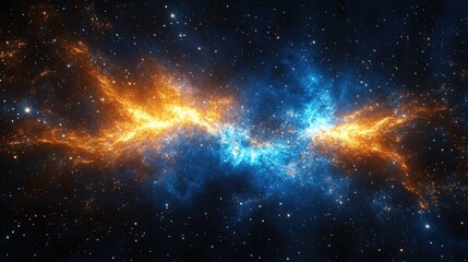 A stunning cosmic scene showcasing vibrant orange and blue nebulae amidst a star-filled universe, creating a sense of wonder and vastness.