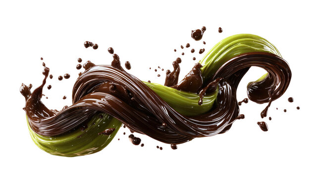Abstract swirl of chocolate and green liquid with droplets flying