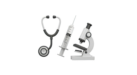 Healthcare and science equipment with stethoscope syringe and microscope