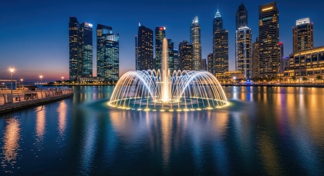 Vibrant evening cityscape with illuminated fountain and skyscrapers by the waterfront