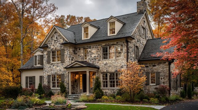 Stunning stone mansion with vibrant autumn foliage creates an elegant, inviting residence for luxurious living and peaceful retreats