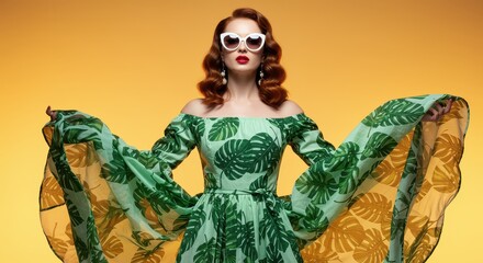 Obraz premium Woman in flowing tropical print dress poses dramatically against a warm background