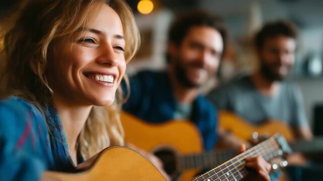Friends practicing music together in home studio, guitars and laughter, creative harmony, teamwork and rhythm, artistic collaboration, lifestyle expression, joy of sound, friendshi