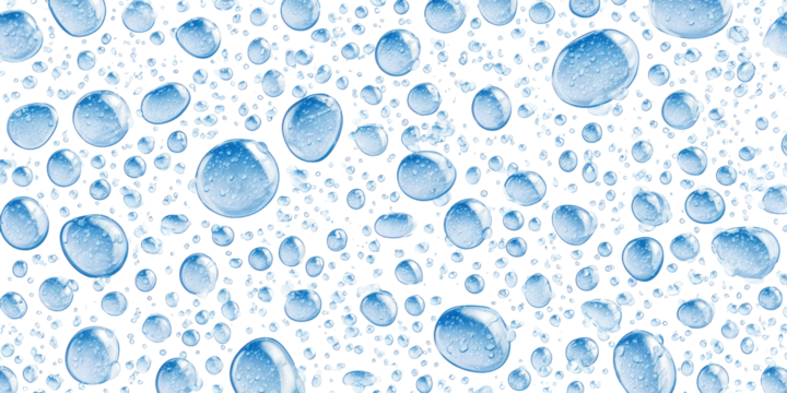 Many translucent blue water drops