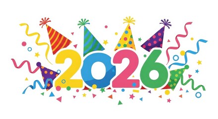 Colorful Celebration Design Featuring 2026 With Party Hats, Confetti, and Streamers for New Year
