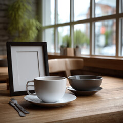 White cup black bowl empty frame wooden table modern cafe natural light cozy morning utensils window view