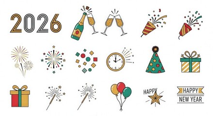 Obraz premium Festive Symbols of New Year Celebration for 2026 with Colorful Decorations and Cheers