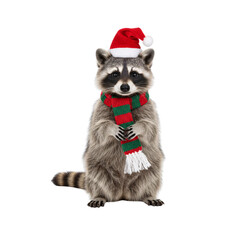 Obraz premium Raccoon wearing Santa hat and striped scarf sitting upright, cute christmas animal, isolated on a transparent background