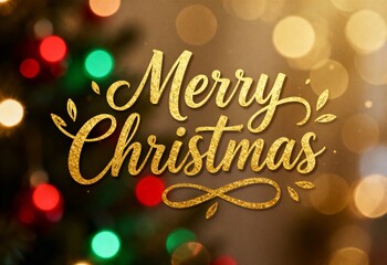 Merry Christmas greeting in an elegant gold glitter script. Festive holiday background with colorful bokeh lights.