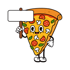 Pizza slice cartoon character holding blank sign