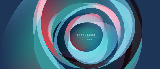 Abstract concentric circles, vibrant colors, modern design. Background features layered shapes, teal, pink, blue hues. Minimalist text present.