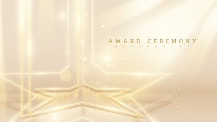 Award Ceremony Stage With Gold Neon Star Frame Decoration And Glitter Light With Bokeh Effect. Luxury Background Design Concept.