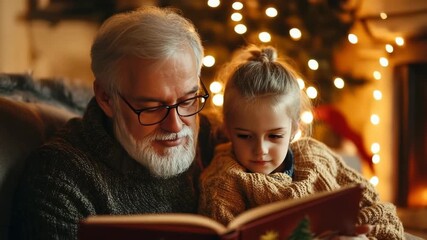 Grandfather reading Christmas storybook to grandchildren near cozy fireplace with decorated tree warm lights festive holiday family evening joyful atmosphere togetherness - Powered by Adobe