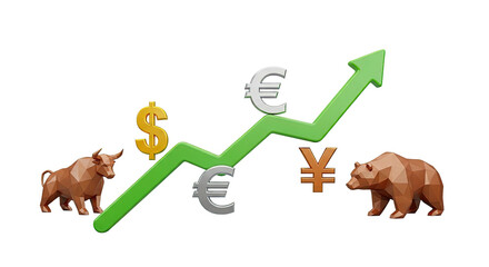 Financial market bull bear trend upward arrow currency symbols growth