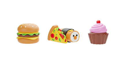 Claymation style burger pizza sushi and cupcake food items