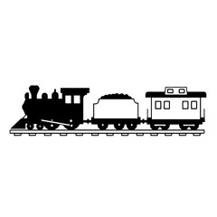 Classic steam locomotive and train cars on tracks, an iconic black and white outline illustration representing vintage railroad transportation and industrial history in a simplified graphic