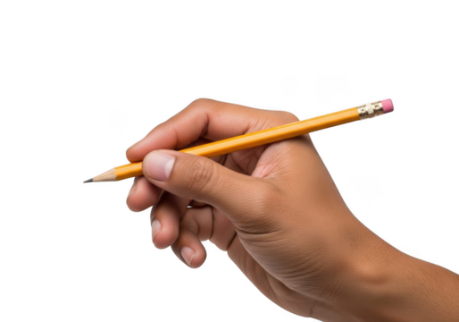 Hand holding yellow pencil writing drawing sketching tool graphic resource stock photo image isolated on transparent background - Powered by Adobe