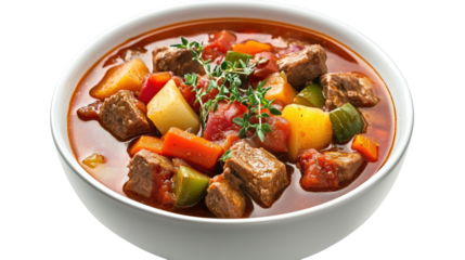 Hearty Beef Stew in White Bowl isolated on a transparent background