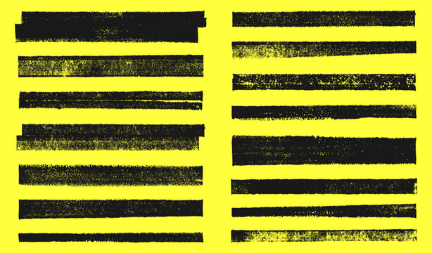 Grunge linocut vector stripes streaks, relief printing wide rectangle shapes rough textured set. Artistic dividers borders backgrounds text box collection. Paint roller stains, lino ink grungy remains