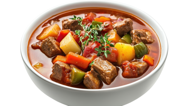 Hearty Beef Stew in White Bowl isolated on a transparent background