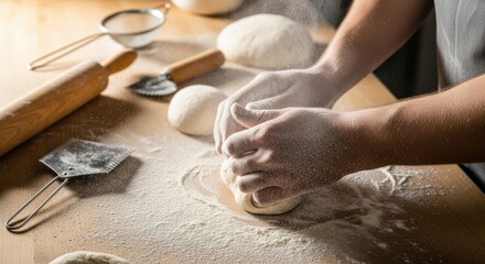 Artisan bread making at home - hands kneading dough in a rustic kitchen setting