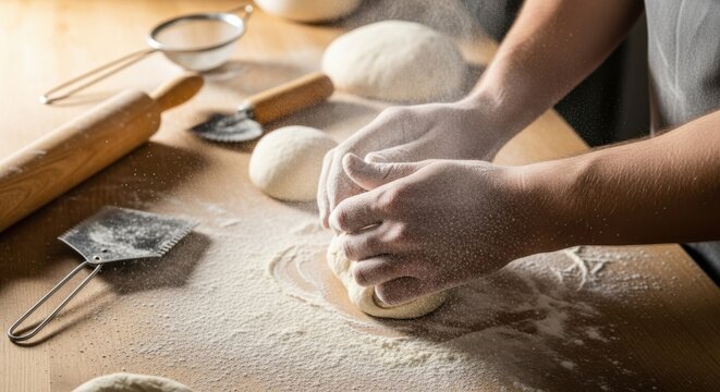 Artisan bread making at home - hands kneading dough in a rustic kitchen setting