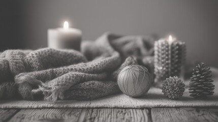 minimal eco vintage christmas still life, sustainable holiday composition with natural materials in grayscale; concept of relaxation, religion mood while waiting for christmas miracle