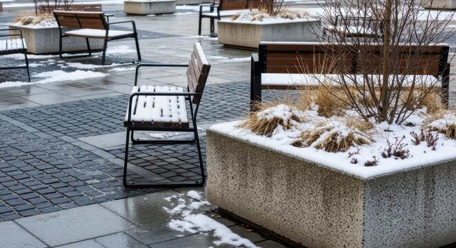 Winter urban scene with snow-covered benches and planters in a concrete plaza - Powered by Adobe