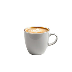White mug of latte on black background, with foam art in heart shape