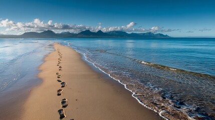 Footprints lead along a serene beach toward distant mountains under a vibrant blue sky with scattered clouds