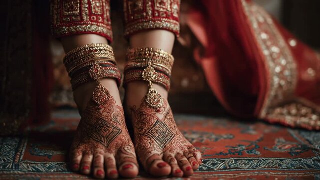 Indian woman feet adorned with intricate mehndi, traditional bangles on patterned rug for India wedding celebration. Asian tradition with legs henna painting. Beautiful patterns.