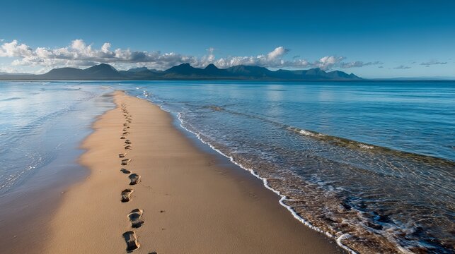 Footprints lead along a serene beach toward distant mountains under a vibrant blue sky with scattered clouds