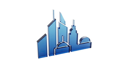 Stylized blue metallic city skyline silhouette on transparent background