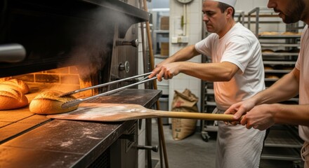 Artisan bread baking in traditional bakery kitchen with skilled bakers working at oven