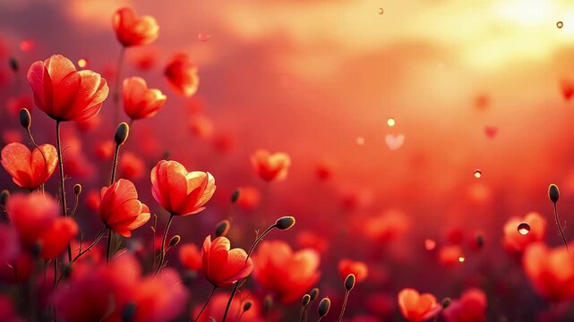 Field of vibrant red poppies with a warm, romantic glow at sunset, featuring heart-shaped petals and falling dew drops.
