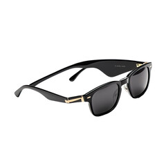 Stylish sunglasses with dark lenses, a black frame, and gold accents