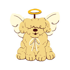 Adorable fluffy dog with angel wings and halo a heavenly pet illustration.