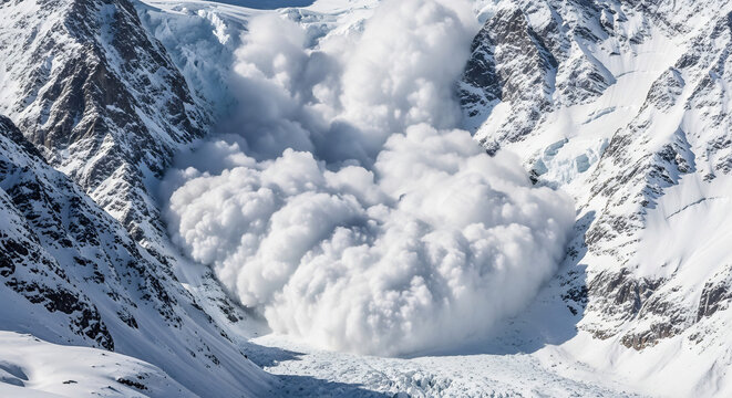 Dramatic avalanche surges down a mountain, showcasing winter's power. Ideal for illustrating climate change, natural disasters, and extreme weather conditions. 