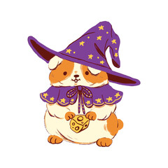 Adorable Guinea Pig Wizard with Starry Hat and Cape Holding Cheese.