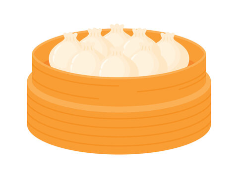 Dim sum or dumplings in a bamboo steamer basket Chinese food isolated cartoon vector illustration