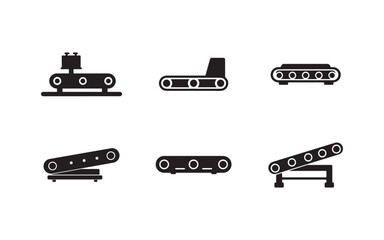 Conveyor Belt Icons Set in Black and White Demonstrating Automated Production and Manufacturing Process Control with Flat Design Style