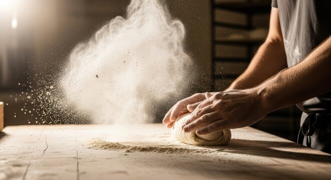 Artisan baking process in rustic kitchen with flour dust and hands kneading dough for culinary art design